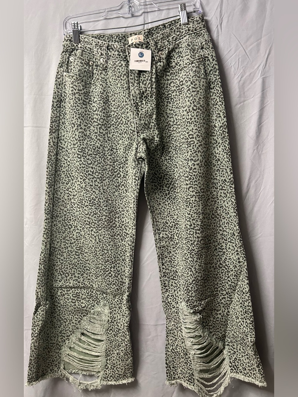 POL Green Leopard Print Wide Leg Jeans with Distressed Hem